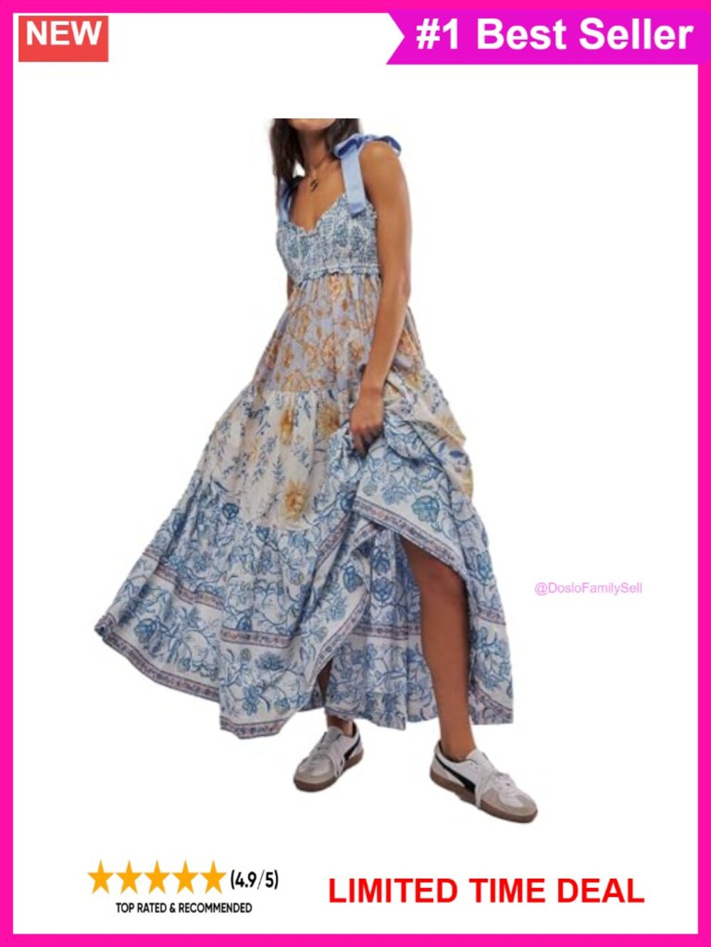 Floral Maxi Dress Tie Shoulder Smocked Boho Sundress with Pockets